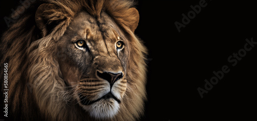  portrait of a big male African lion Panthera leo against a black background, South Africa, Created using generative AI tools.