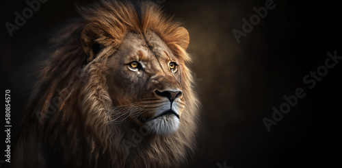  portrait of a big male African lion Panthera leo against a black background, South Africa,  Created using generative AI tools. © © Raymond Orton