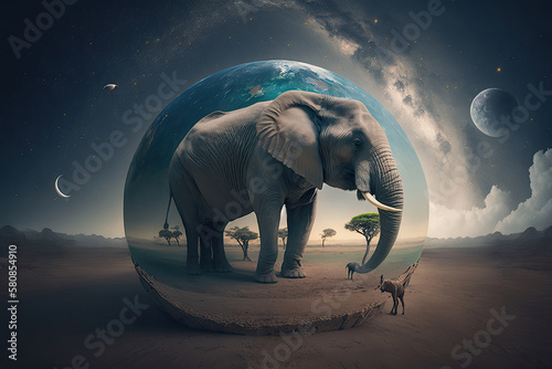 dreamlike and reality-bending background with elephant. Illustration AI Generative