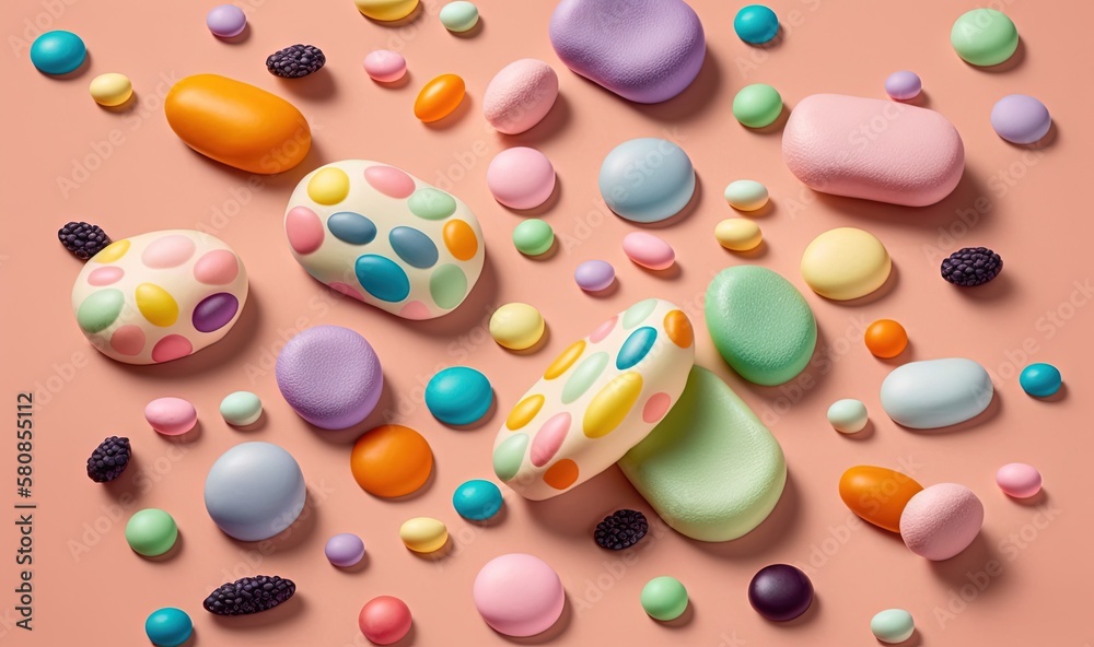 Fototapeta premium a group of colorful candies on a pink surface with scattered candies. generative ai
