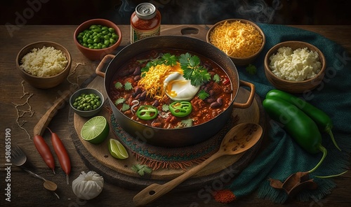  a large pot of chili with beans, rice, peas, jalapenos, and a hard boiled egg. generative ai