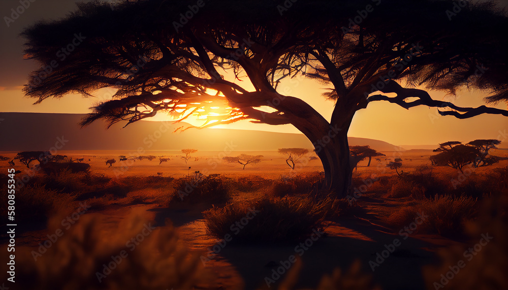 African nature at dusk Tree silhouette against sunset ,generative AI