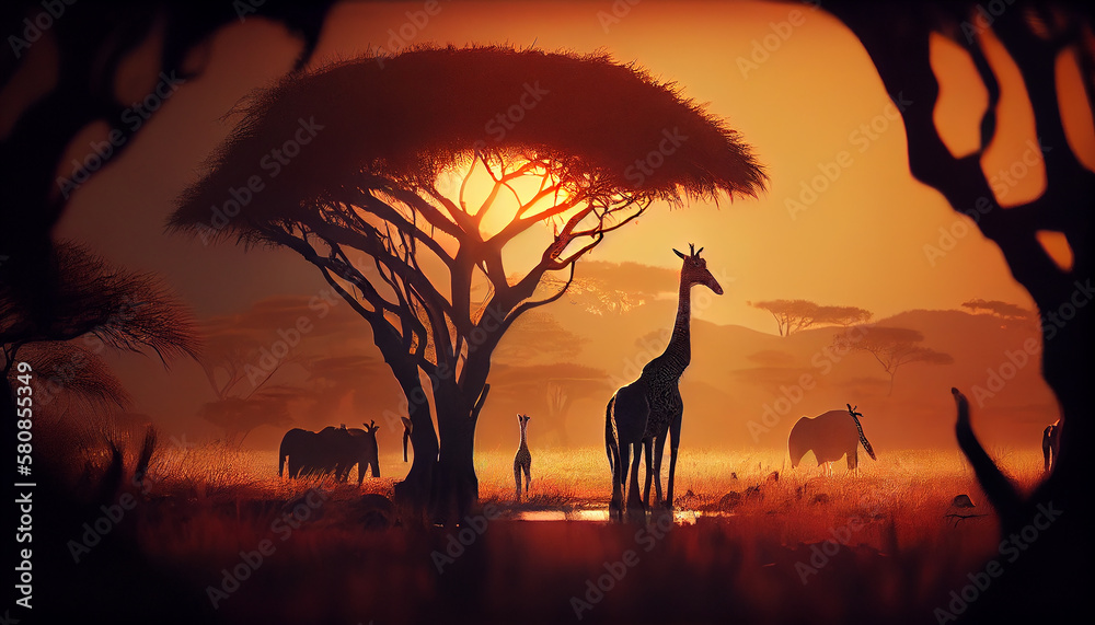 Silhouette of giraffes backlit by sunset sky ,generative AI