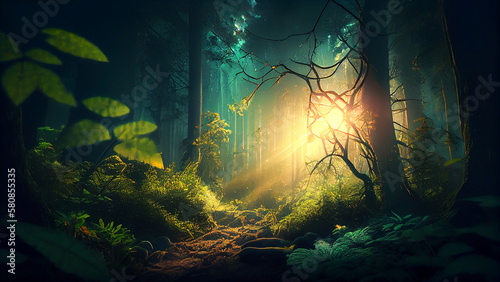 Natures mystery unfolds in a spooky forest ,generative AI