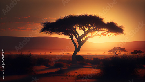 Silhouette of Acacia tree in African sunset ,generative AI