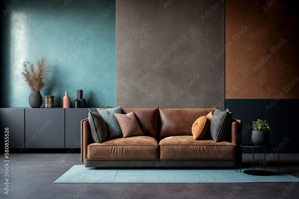 Modern living room interior design, brown leather sofa, and dark pastel