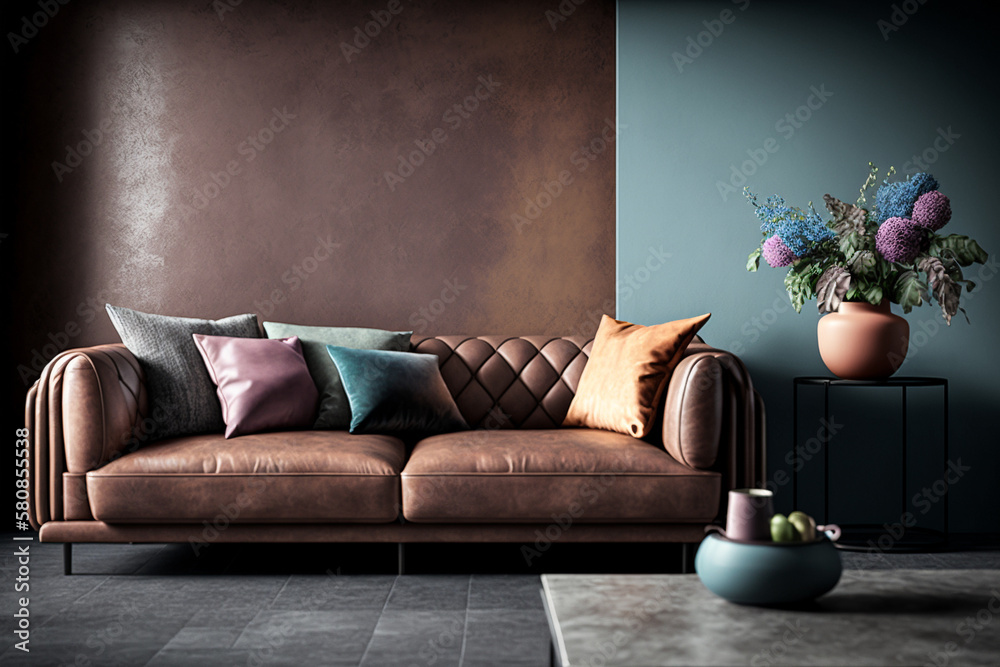 Modern living room interior design, brown leather sofa, and dark pastel