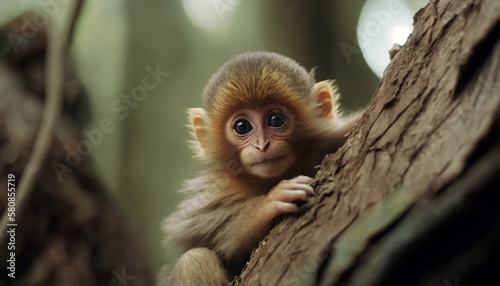 Cute baby monkey in a tree  japanese macaque. Generative AI    