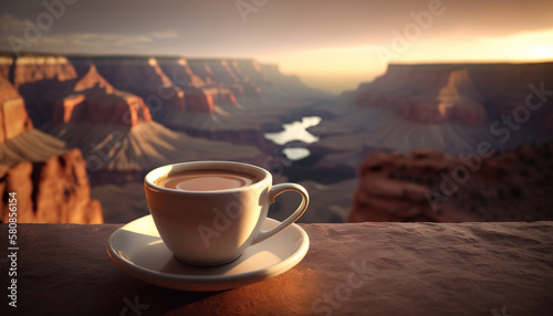 Cup of coffee on background of Grand Canyon. Copy space. Based on Generative AI