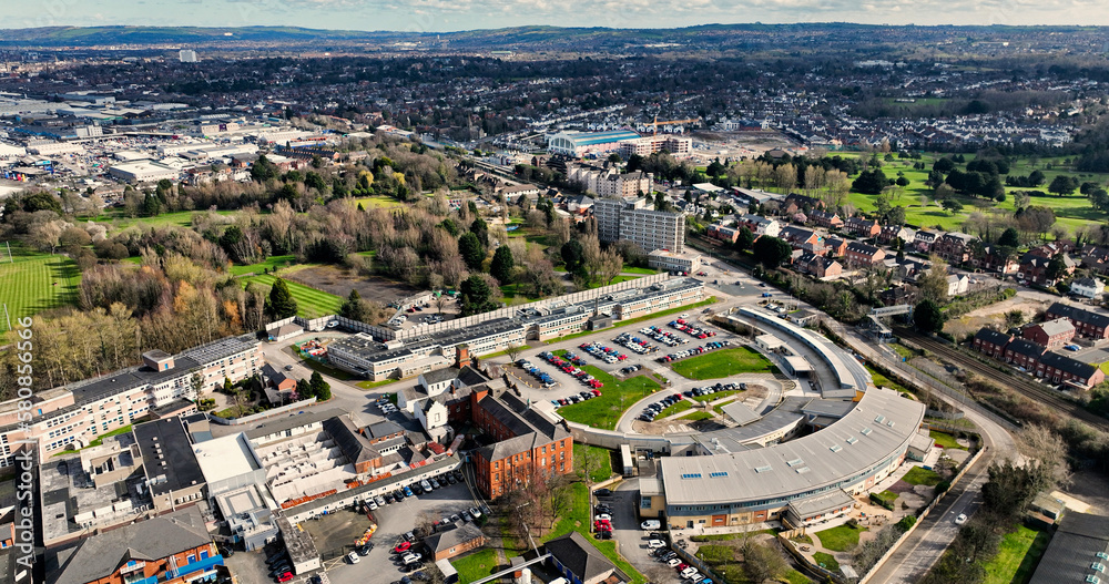 Aerial view of Musgrave Park Hospital Meadowlands Withers Ward Hydrotherapy Estates Office Belfast City in Northern Ireland 03-03-23