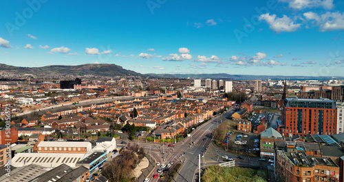 Aerial view of Residential homes and Apartments in Belfast City in Northern Ireland Cityscape