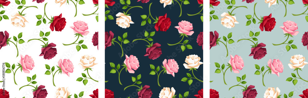 Floral seamless patterns with red, pink, burgundy, and white rose flowers on white, dark blue, and celadon backgrounds. Set of vector seamless backgrounds