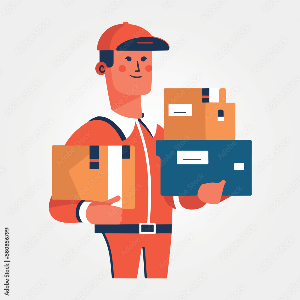 vector illustration, postman holding boxes to deliver