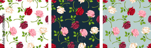 Floral seamless patterns with red, pink, burgundy, and white rose flowers on white, dark blue, and celadon backgrounds. Set of vector seamless backgrounds