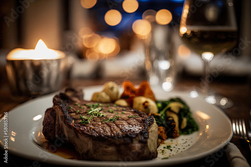  t bone steak and side dishes dining room bokeh , generative artificial intelligence 