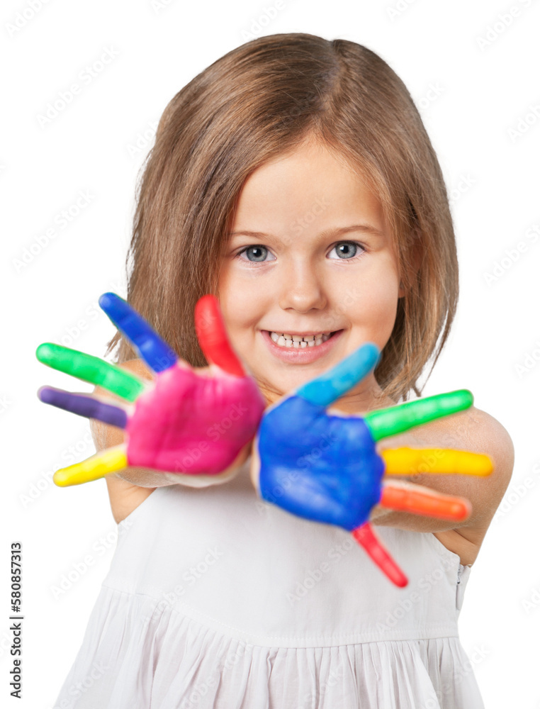 Cute little girl with colorful painted hands on background Cute little girl with colorful painted hands on background
