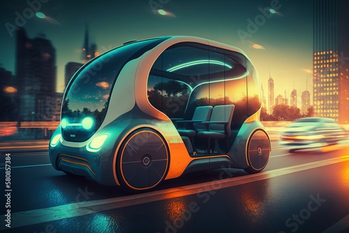 Green energy conceptcar in the city, public transport of the future, autopilot car. AI Generated. © Mr.Everrest