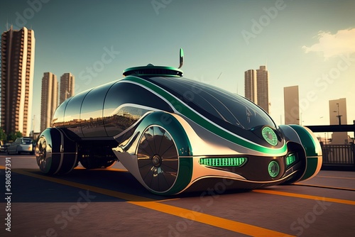 Green energy conceptcar in the city, public transport of the future, autopilot car. AI Generated. © Mr.Everrest