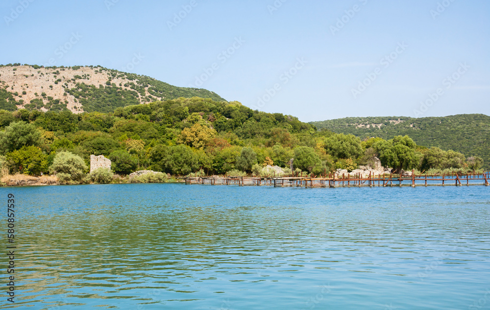 Nature of Albania. A mussel farm. Lake Butrinti