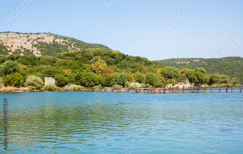 Nature of Albania. A mussel farm. Lake Butrinti