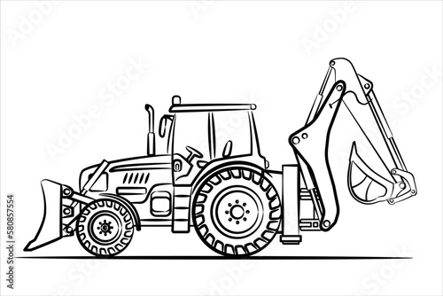A hand drawn line art of a tractor. Sketch of a backhoe loader. Excavator, side view. Coloring. Drawing for children. Coloring book. Special equipment. Modern flat vector illustration. 