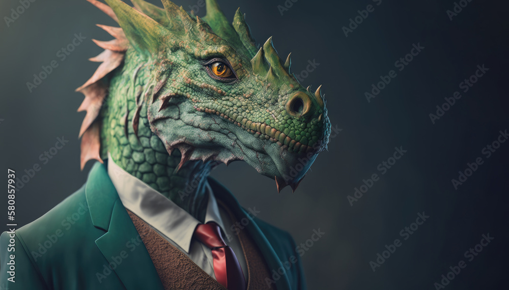 Green dragon wearing colorful suit, copy space, Generative AI