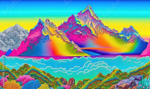 a painting of a mountain range with a rainbow colored sky.  generative ai © Anna
