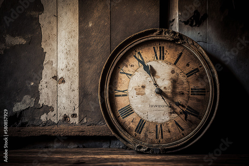 Time concept. Old rustic wall clock on old wooden table , generative artificial intelligence 
