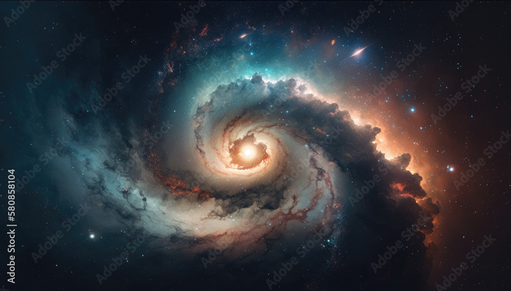 Spiral galaxy in blue and orange colors, Generative AI