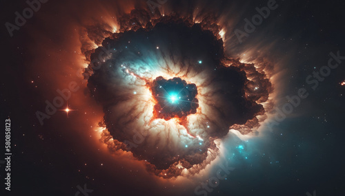 Blue star in the centar of round nebula, Generative AI photo