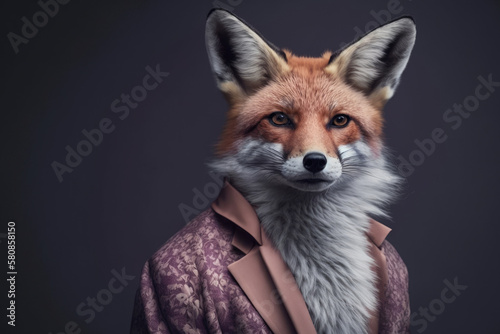 Fox wearing pink suit, copyspace, Generative AI