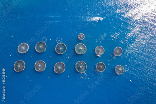 Aerial view of fish farm in the Atlantic Ocean photo