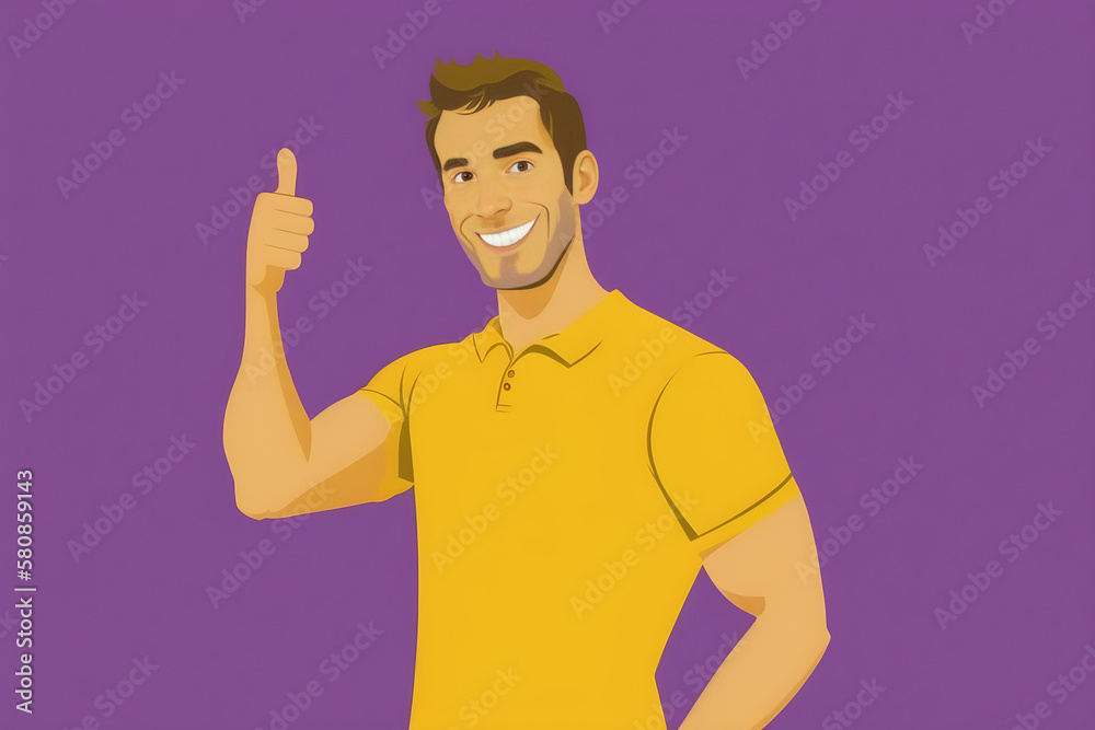 Flat vector illustration Photo of cute cheerful man in yellow shirt pointing with thumb to blank pen isolated on purple background Flat vector illustration Photo of cute cheerful man in yellow shirt pointing with thumb to blank pen isolated on purple background