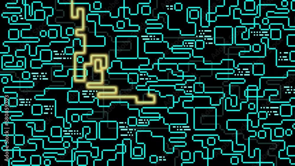 Maze, labyrinth. Laser ray path background with dynamic glowing neon line. Animation of the graphic snake video game. Pixel game, pixel art 8 bit background. Maze, labyrinth. Laser ray path background with dynamic glowing neon line. Animation of the graphic snake video game. Pixel game, pixel art 8 bit background.