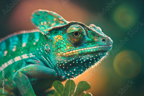 Green colored chameleon close up