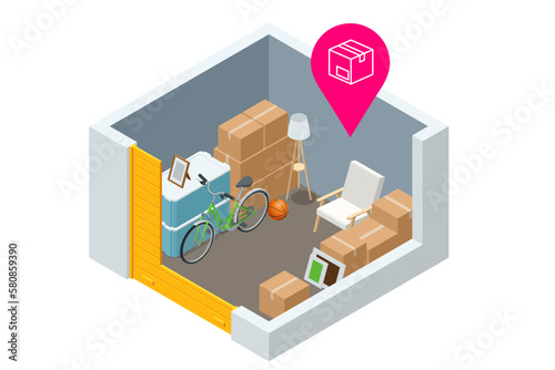 Isometric interior of a modern storage room for a warehouse of home appliances, lamps, armchairs, boxes, bicycles and other things. Warehouse of household items and interior elements.
