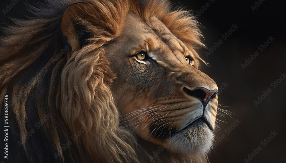 Fototapeta premium Impressive lion in closeup, Generative AI technology