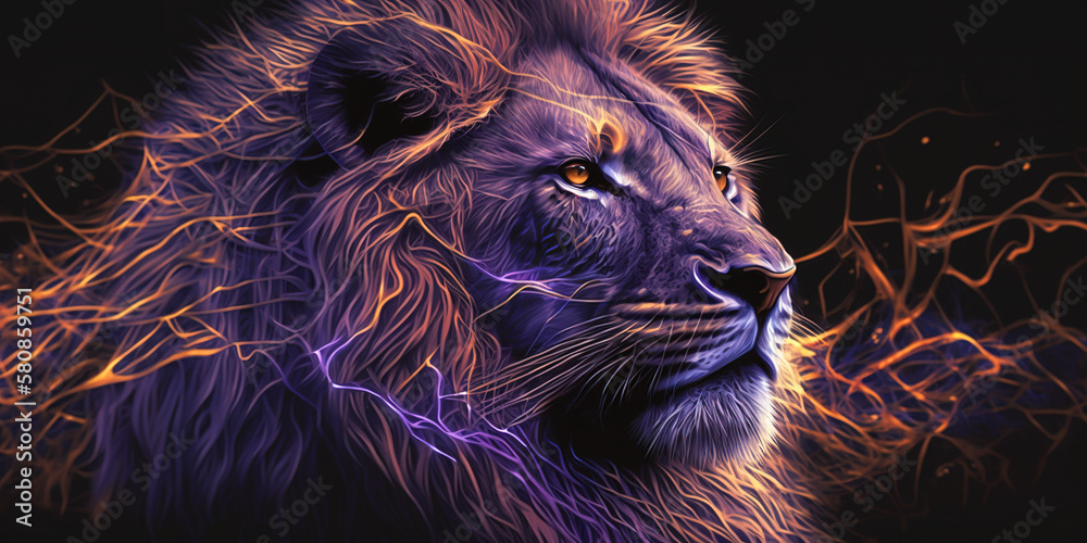 Lion with lights in the dark, Generative AI technology