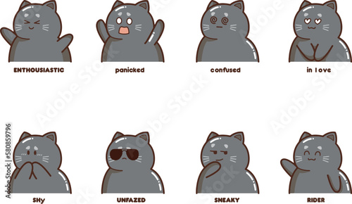 Bundle - Set of grey cat cartoon style - facial expressions and emotions - vector illustration in a cute - kawaii style