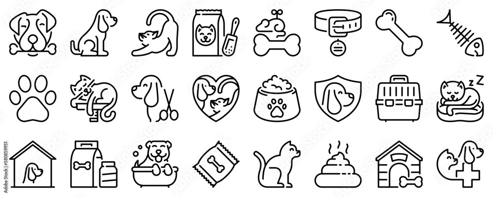Line icons about dogs and cats on transparent background with editable stroke. Line icons about dogs and cats on transparent background with editable stroke.
