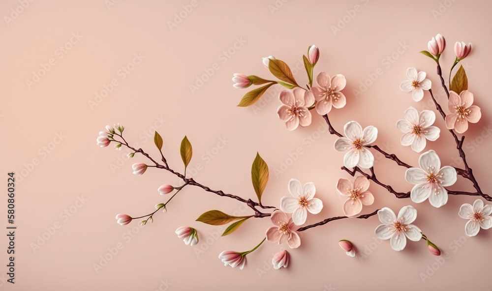  a branch of a flowering tree with white and pink flowers on a pink background.  generative ai