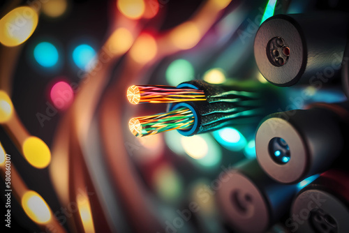 Macro Close-Up of Fiber Optic Cables used for High Speed Communications Across Long Distances (Generative AI)