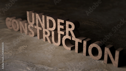 Under Construction sign 3d illustration. Concrete letters on the wall. Dramatic light