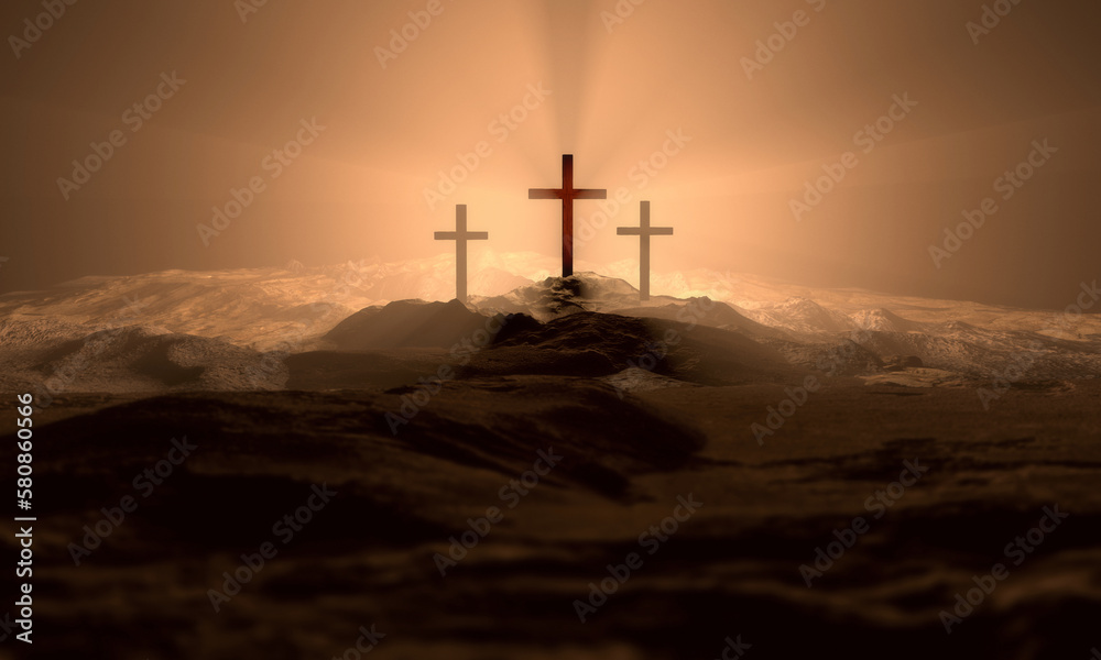 Christian croses on hill outdoors at sunrise. Calvary crucifixion. 3D illustration. Dramatic light. Christian croses on hill outdoors at sunrise. Calvary crucifixion. 3D illustration. Dramatic light.