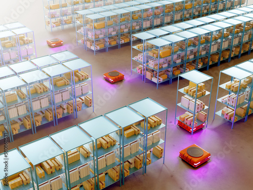 Automated storage. Autonomous mobile robot. Storage with amr among shelves. Shelves with cardboard boxes from above. Autonomous robot to accelerate warehouse processes. Autonomous storage. 3d image photo