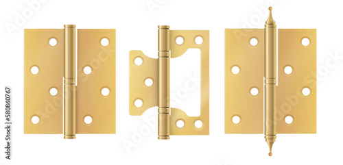 Golden door hinges construction hardware. Realistic set of gold tools for joint gates and windows.metal hinges for house and furniture. vector