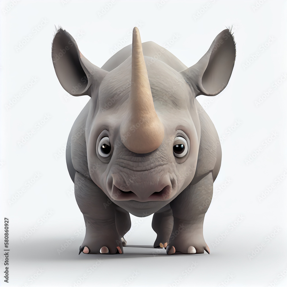 Fototapeta premium Adorable Rhinoceros character isolated on white background. Generative AI