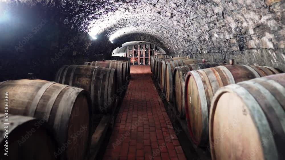 Cellar with wine in oak barrels. Red wine in oak barrels. Making homemade wine. Wine aging in barrels. Home basement. Alcoholic drinks. Cellar with wine in oak barrels. Red wine in oak barrels. Making homemade wine. Wine aging in barrels. Home basement. Alcoholic drinks.