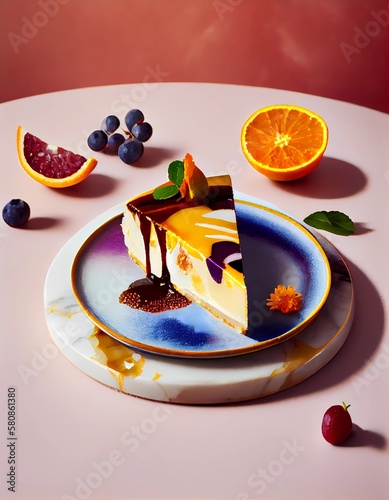 Colorful painterly illustration of a cheesecake slice on a blue plate surrounded by fruit, created with Generative AI