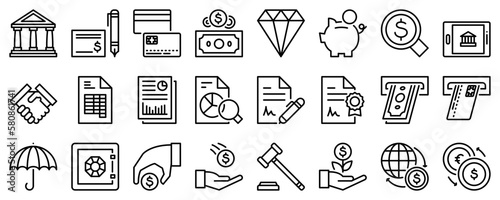 Line icons about finances on transparent background with editable stroke.
